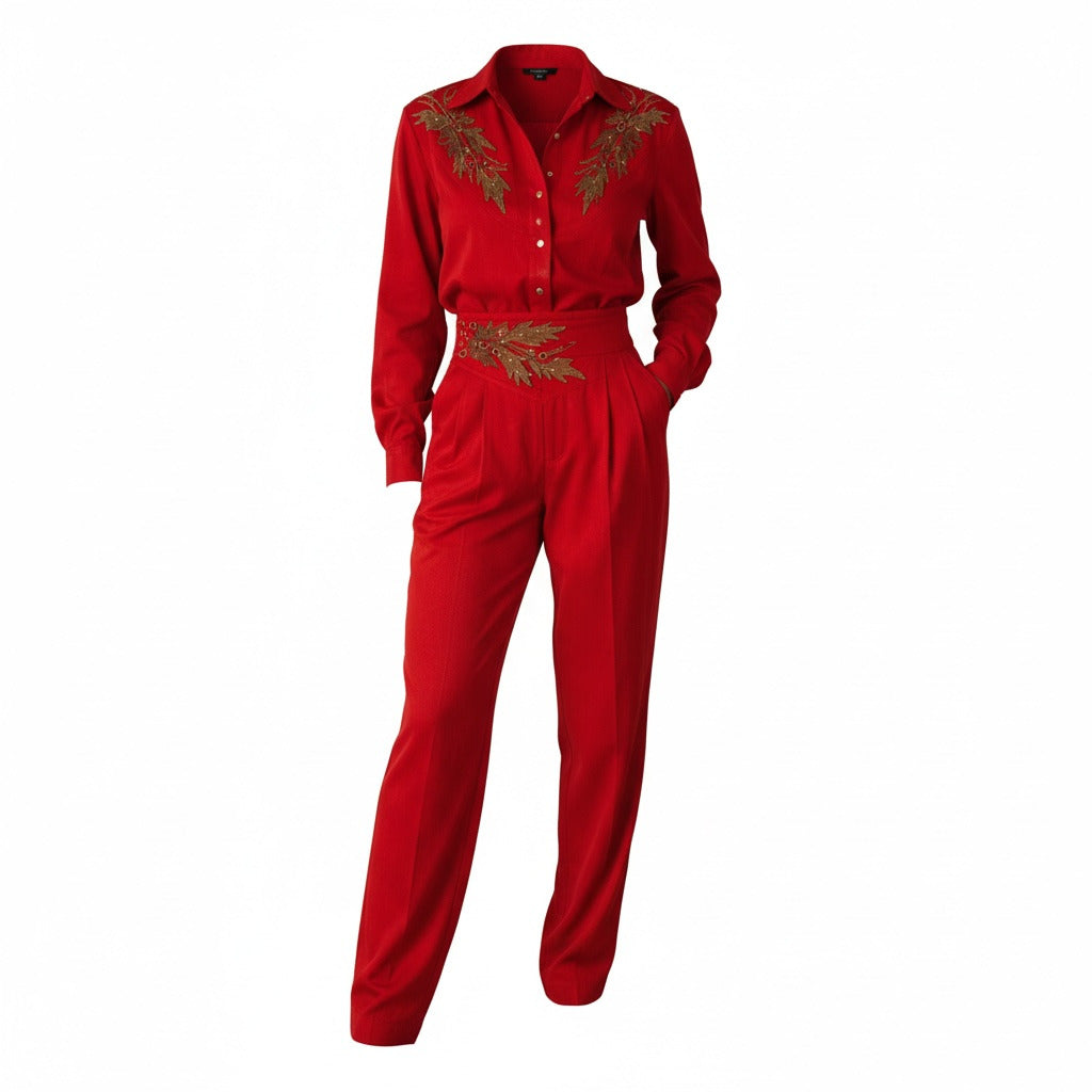 IIF Vintage Red Embellished 2-Piece Pant Set