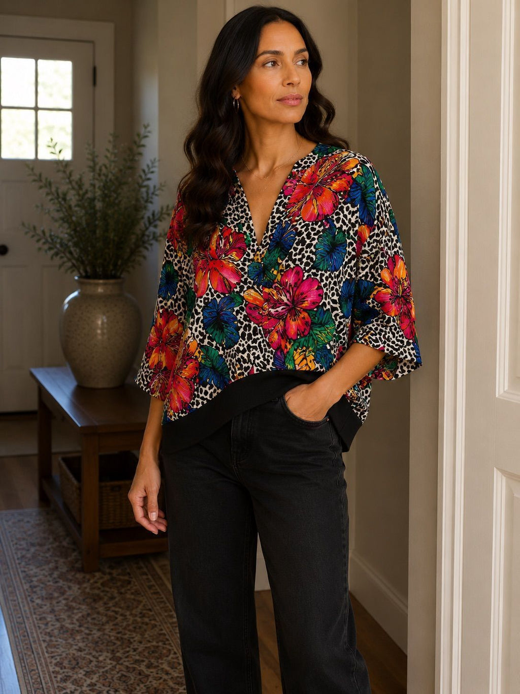 Adrianna Papell Vintage Floral & Leopard Print Draped Top