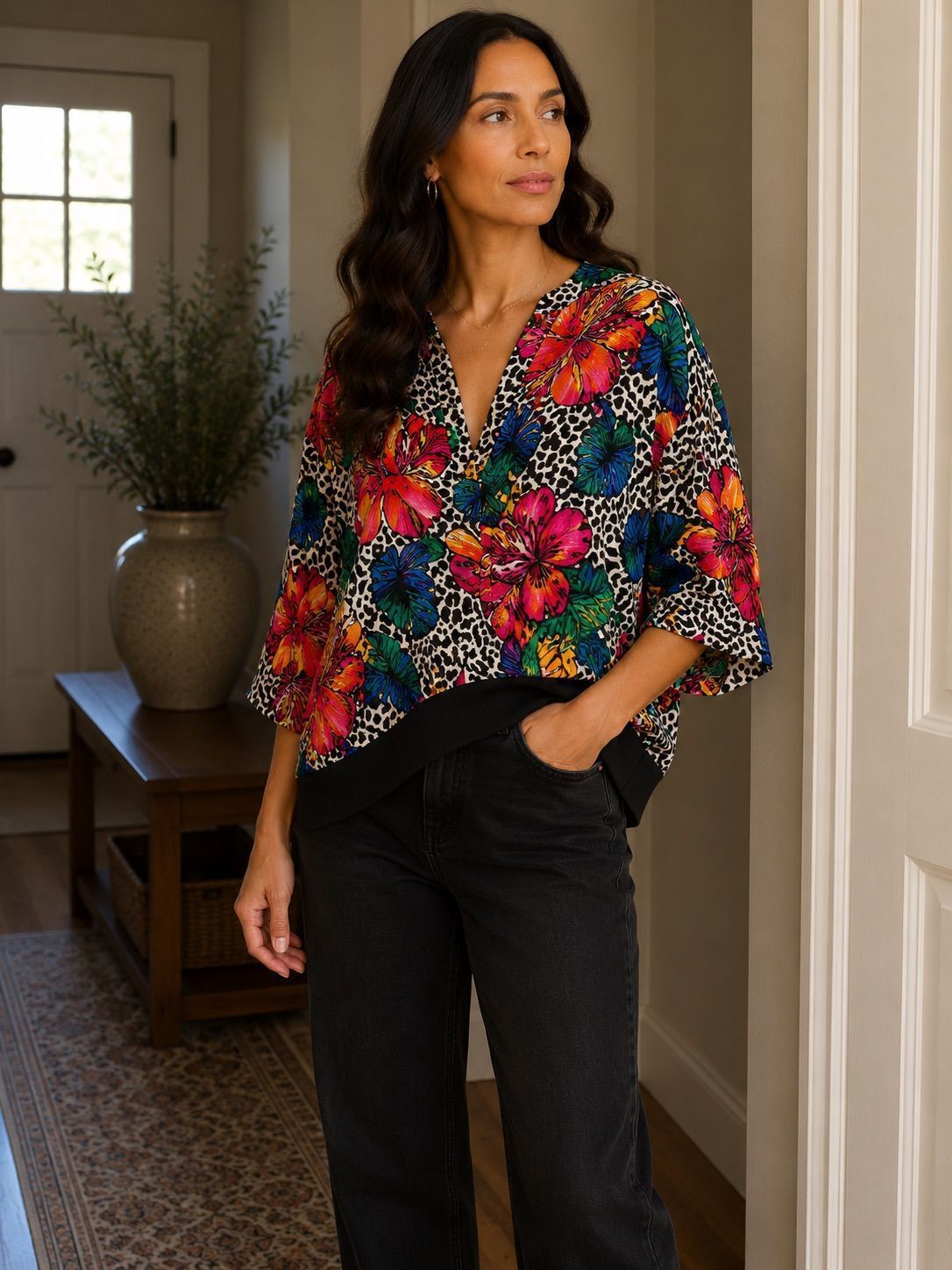 Adrianna Papell Vintage Floral & Leopard Print Draped Top