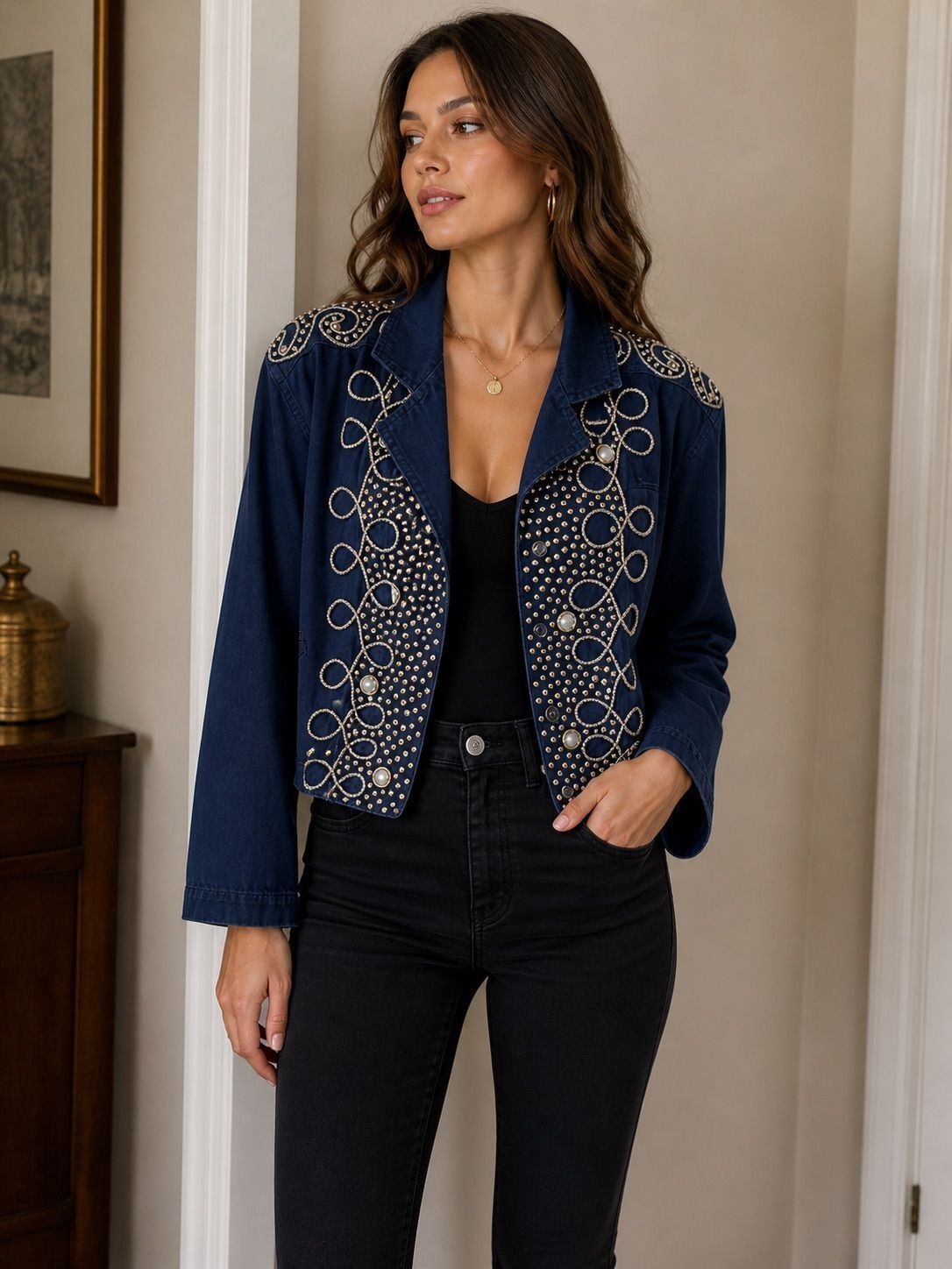 Vintage Cache Denim Rhinestone & Embroidered Cropped Jacket