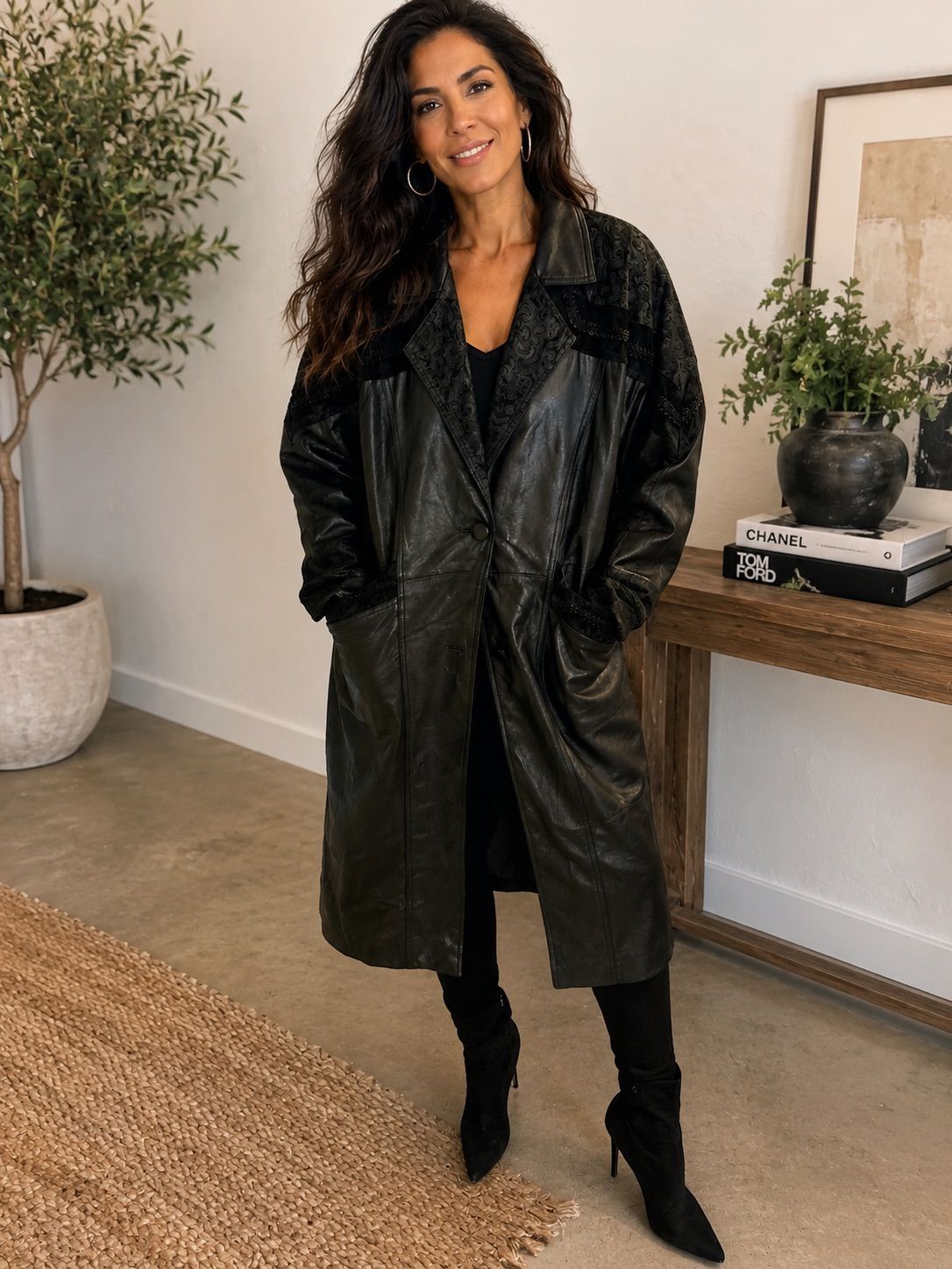 Vintage Black & Charcoal Leather Trench Coat