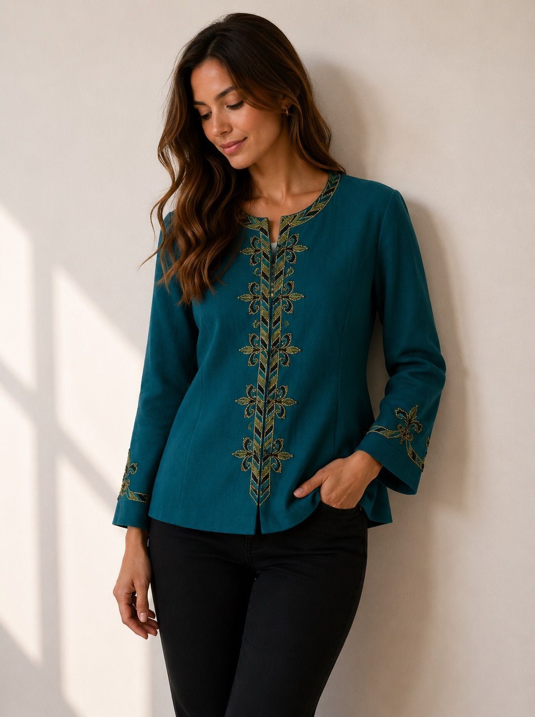 Bob mackie Teal & Gold Embroidered Statement Jacket