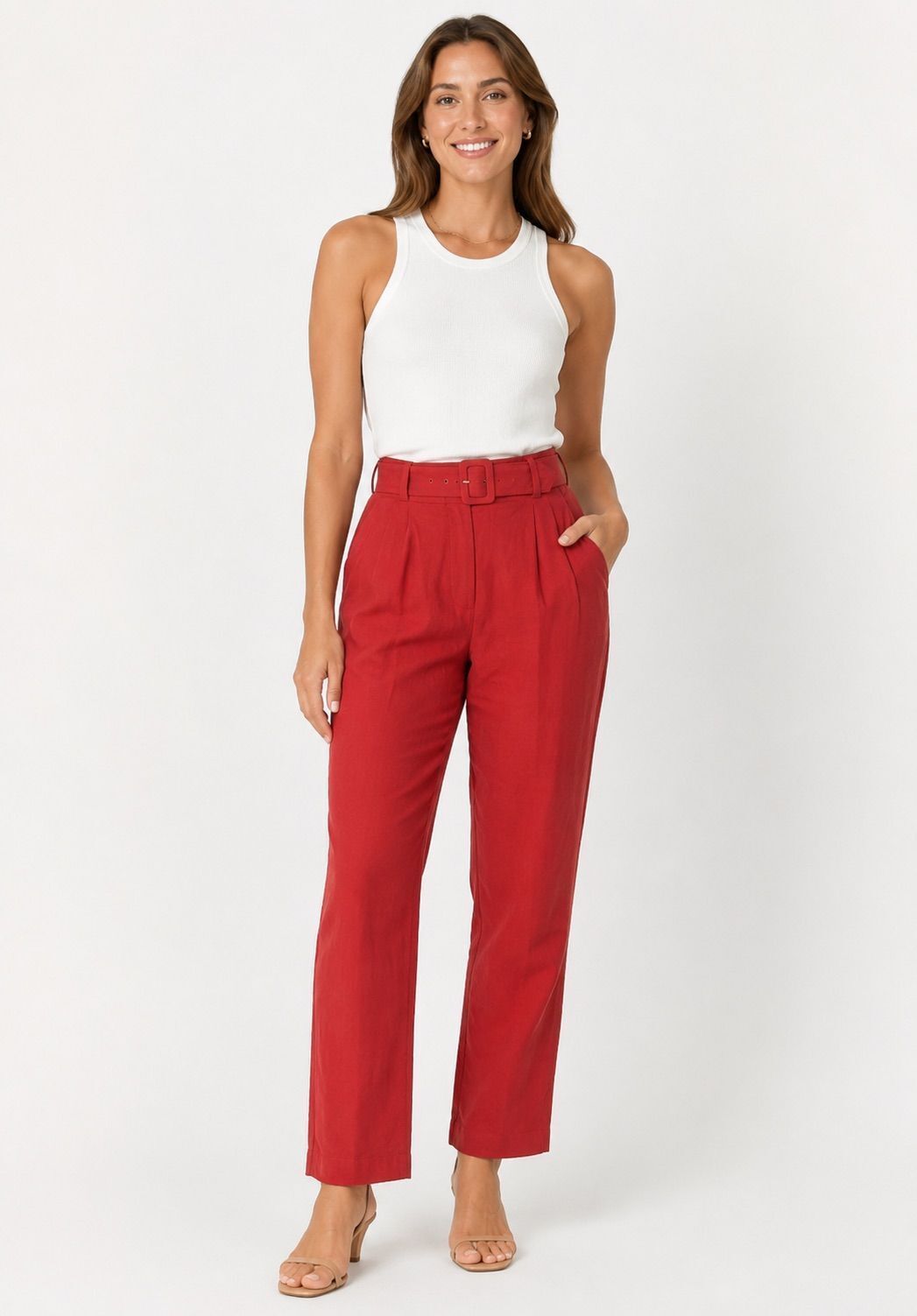 Platinum Red High-Waisted Tailored Straight-Leg Pants