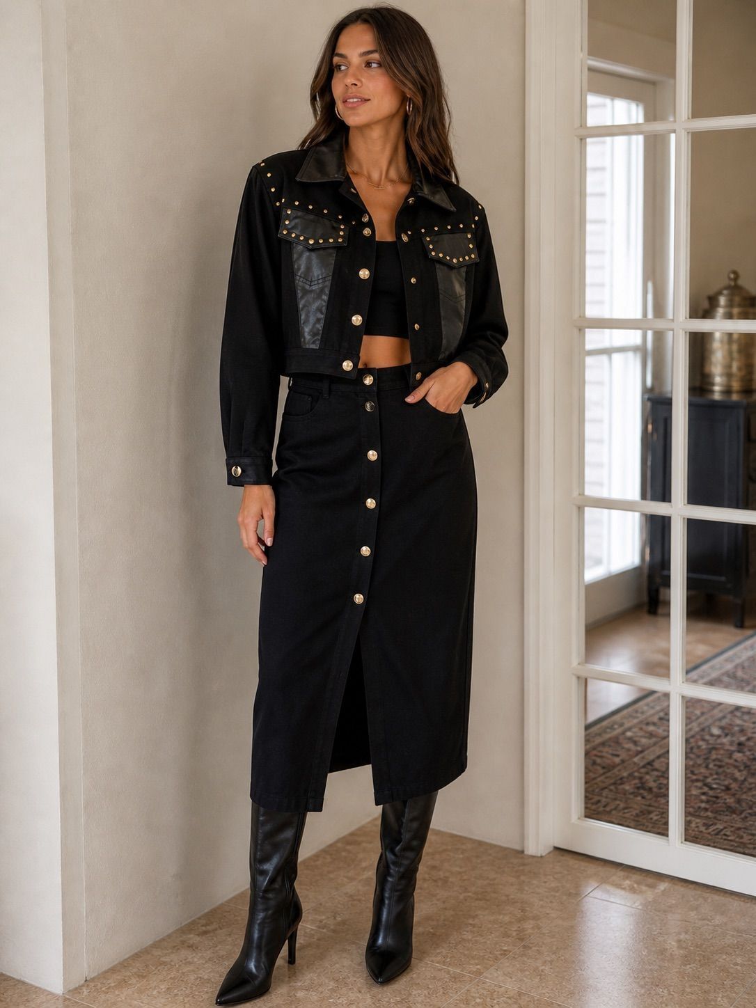 D Frank Black Studded Western Cropped Jacket & Midi Skirt Set