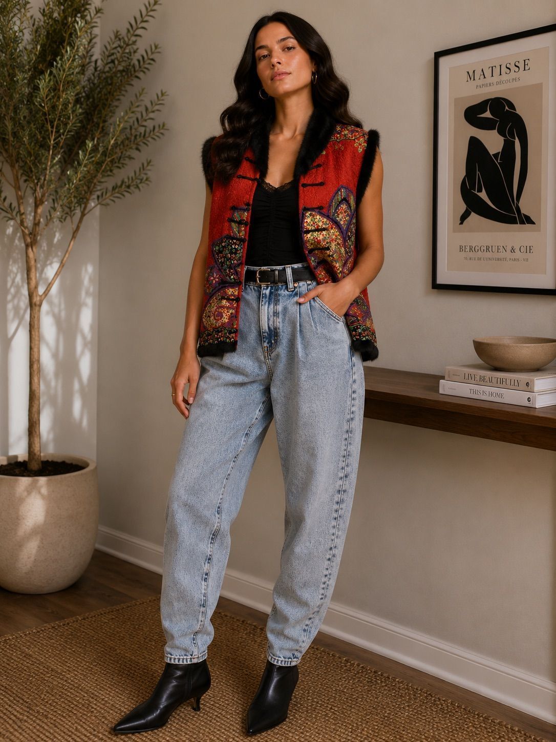 Vintage Red Patchwork Faux Fur Trim Vest