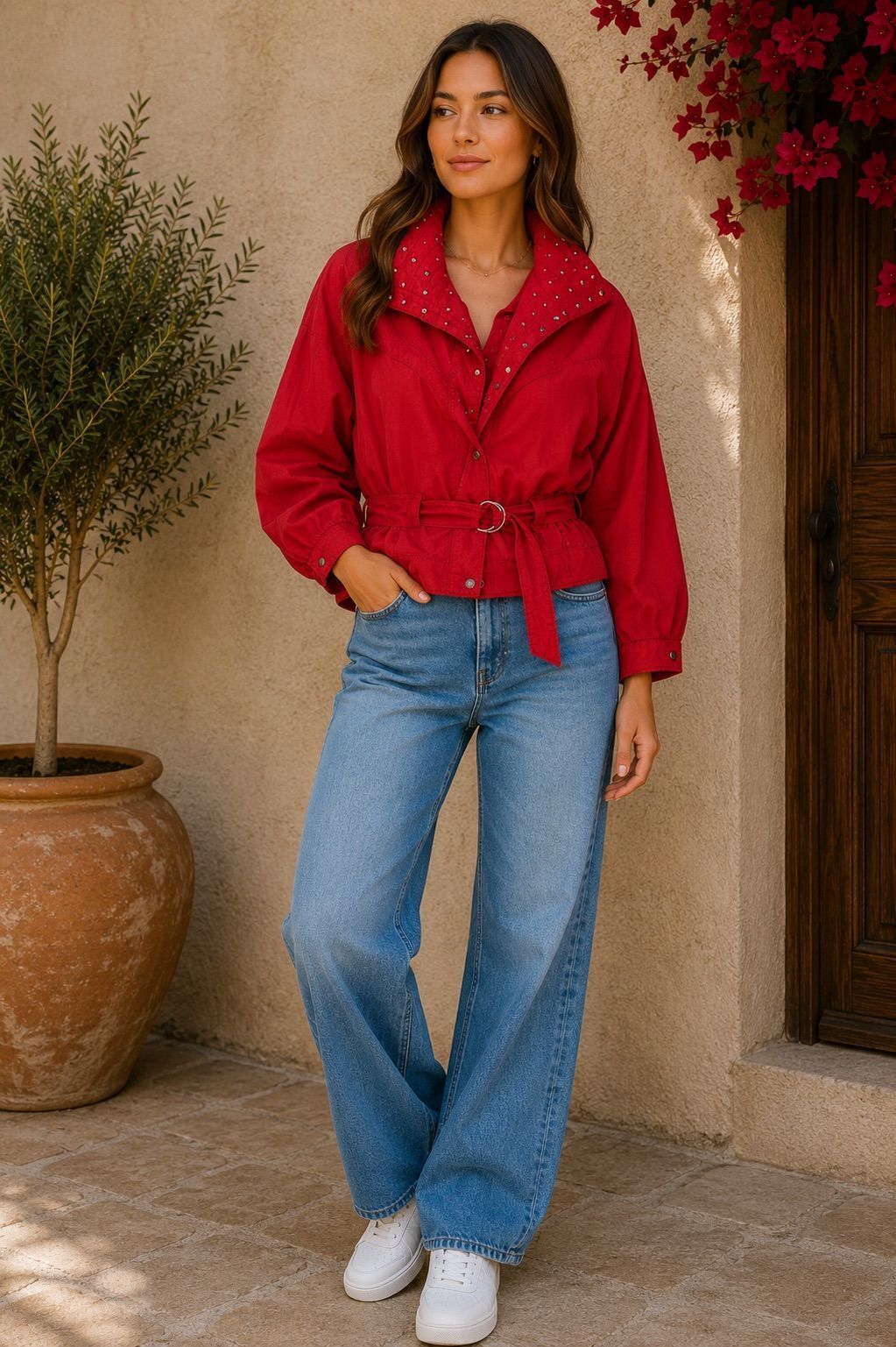 Vintage IIF Red Rhinestone Embellished Belted Jacket