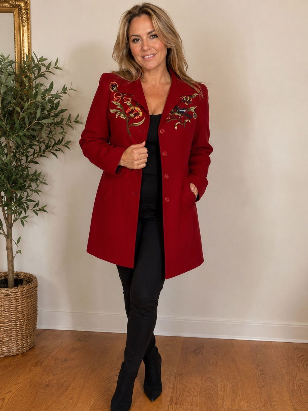 Victor Costa Red Embroidered Floral Statement Coat