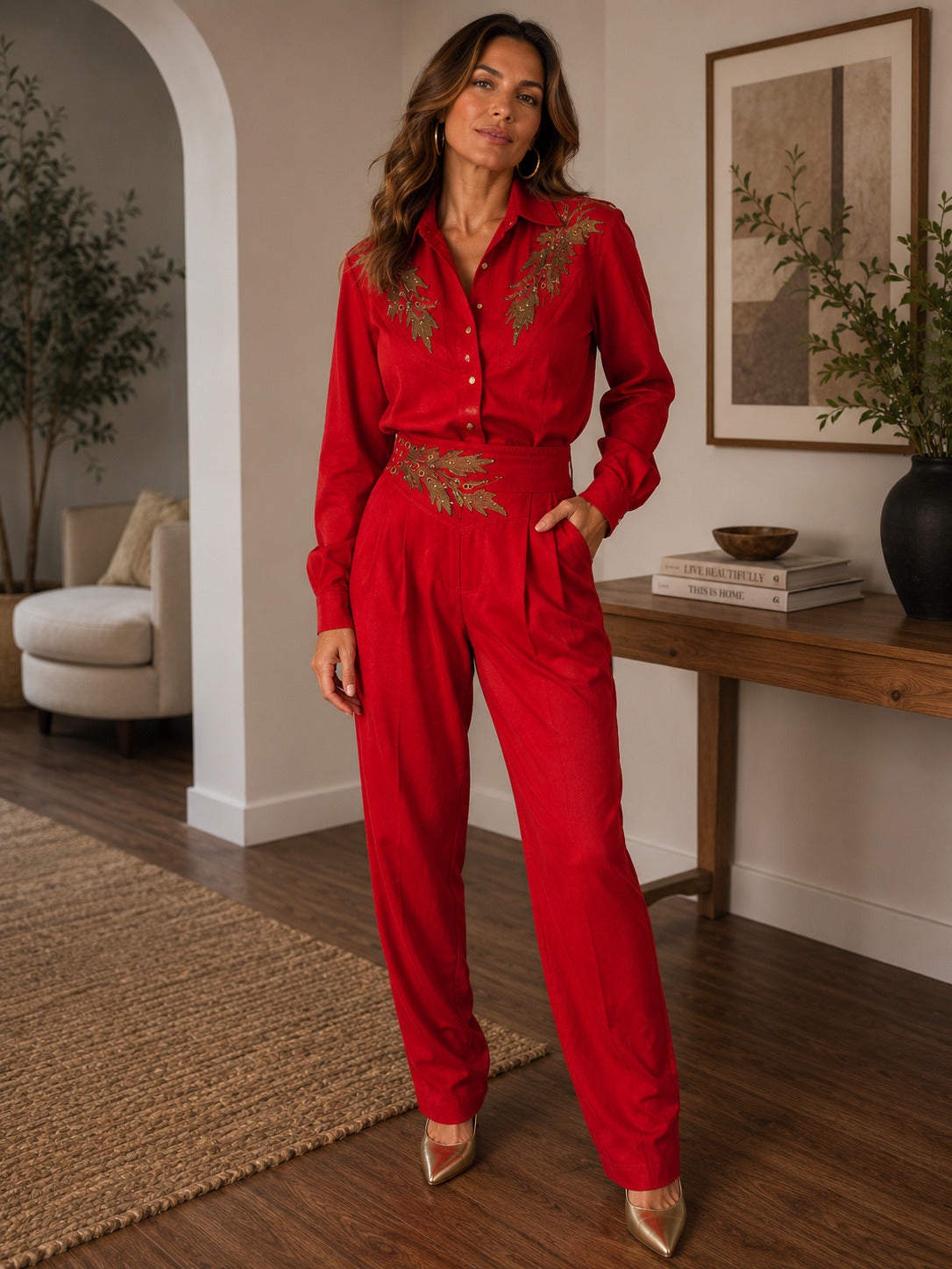 IIF Vintage Red Embellished 2-Piece Pant Set