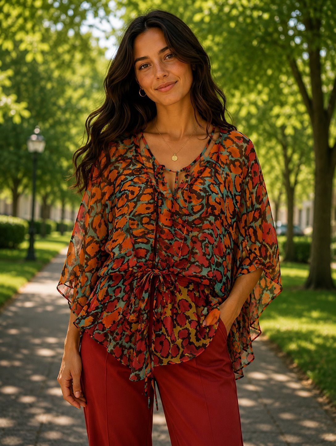 Cache Sheer Animal Print Drawstring Blouse