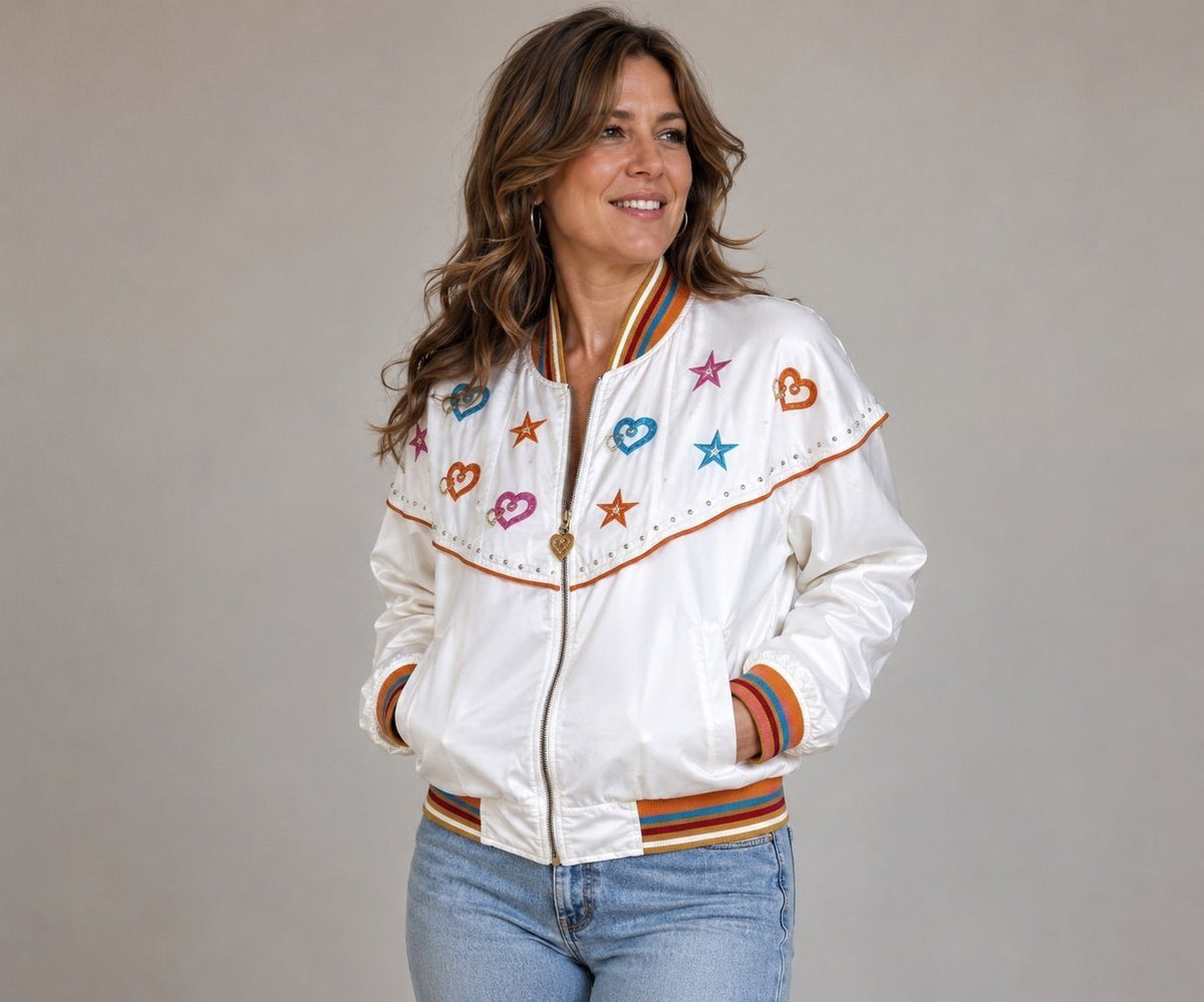 Vintage Cache White Embellished Heart & Star Bomber Jacket