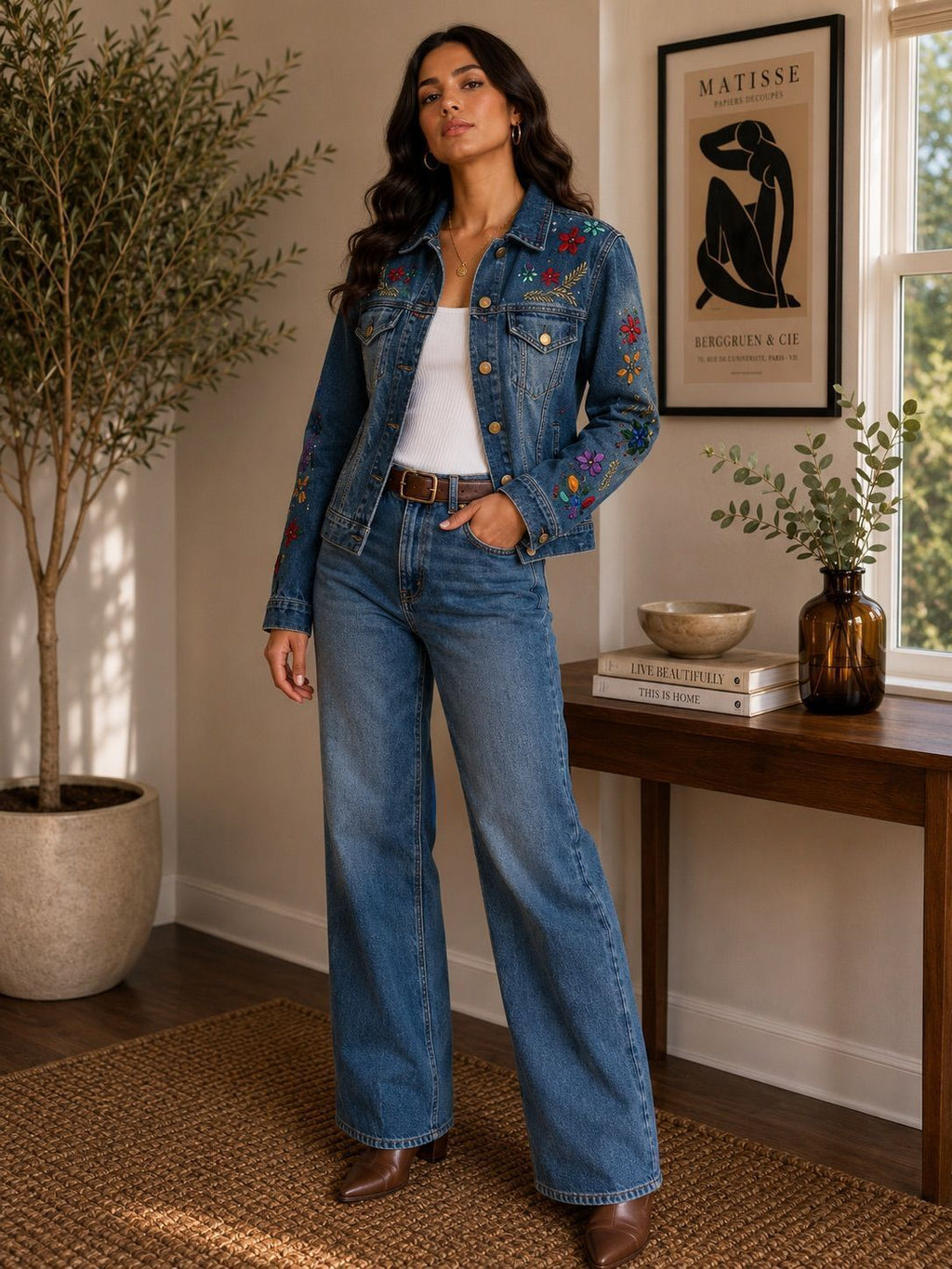 Diane Gilman Embellished Floral Denim Jacket