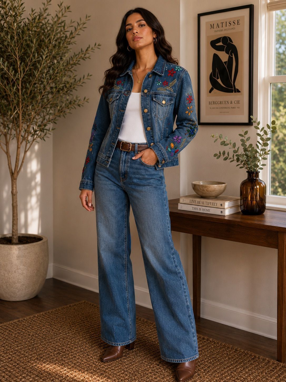 Diane Gilman Embellished Floral Denim Jacket