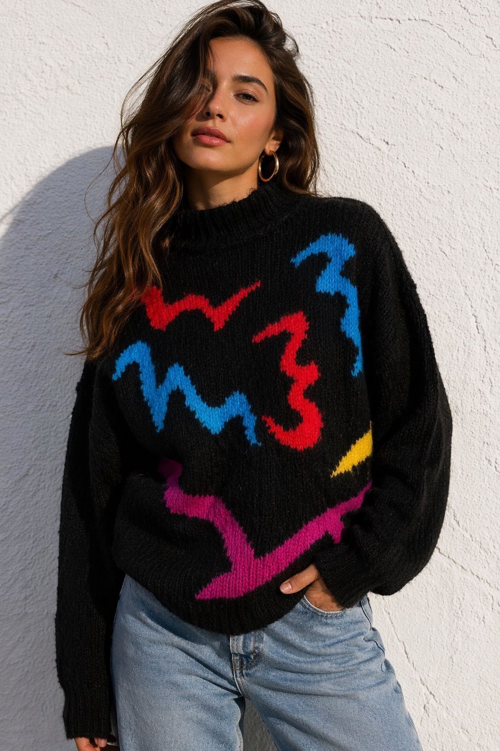 Vintage Black Multicolor Abstract Turtleneck Sweater