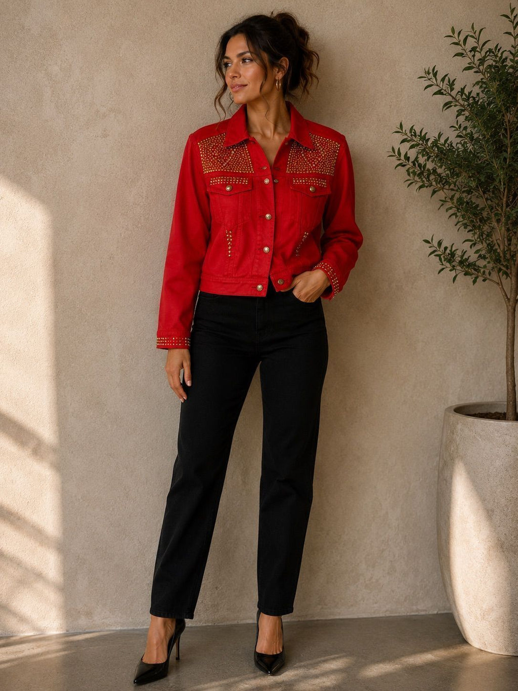 Cache Red Studded Denim Jacket