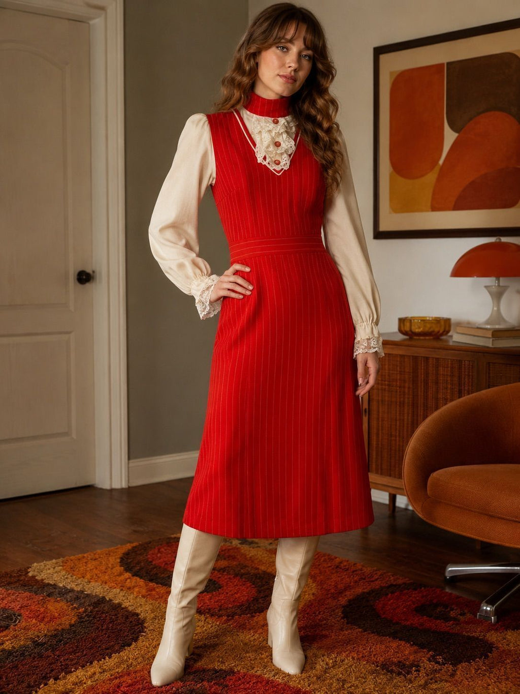 1970s Red Pinafore Midi Dress with Lace Bodysuit