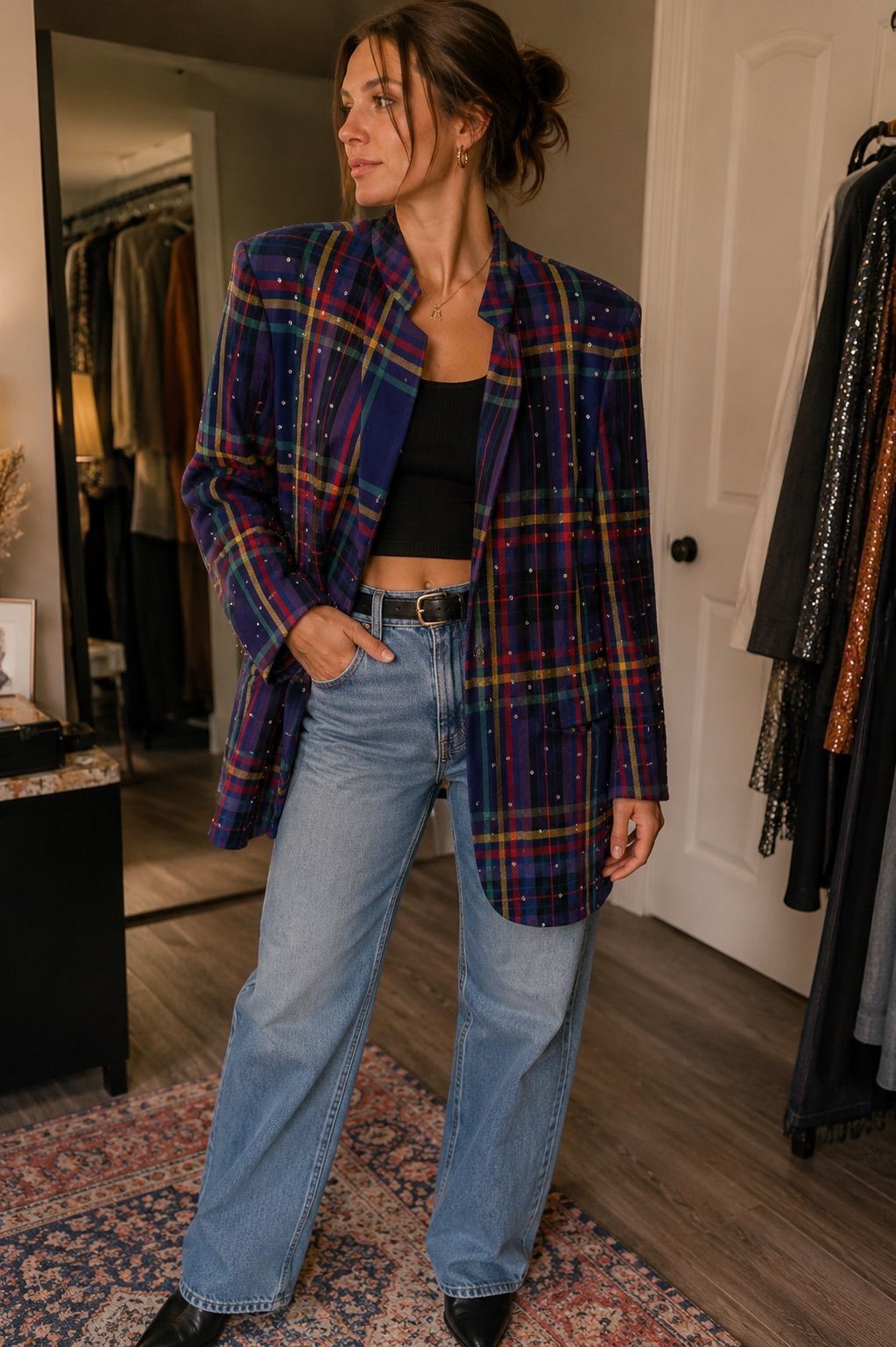 Cedars Rhinestone Embellished Navy Tartan Plaid Blazer