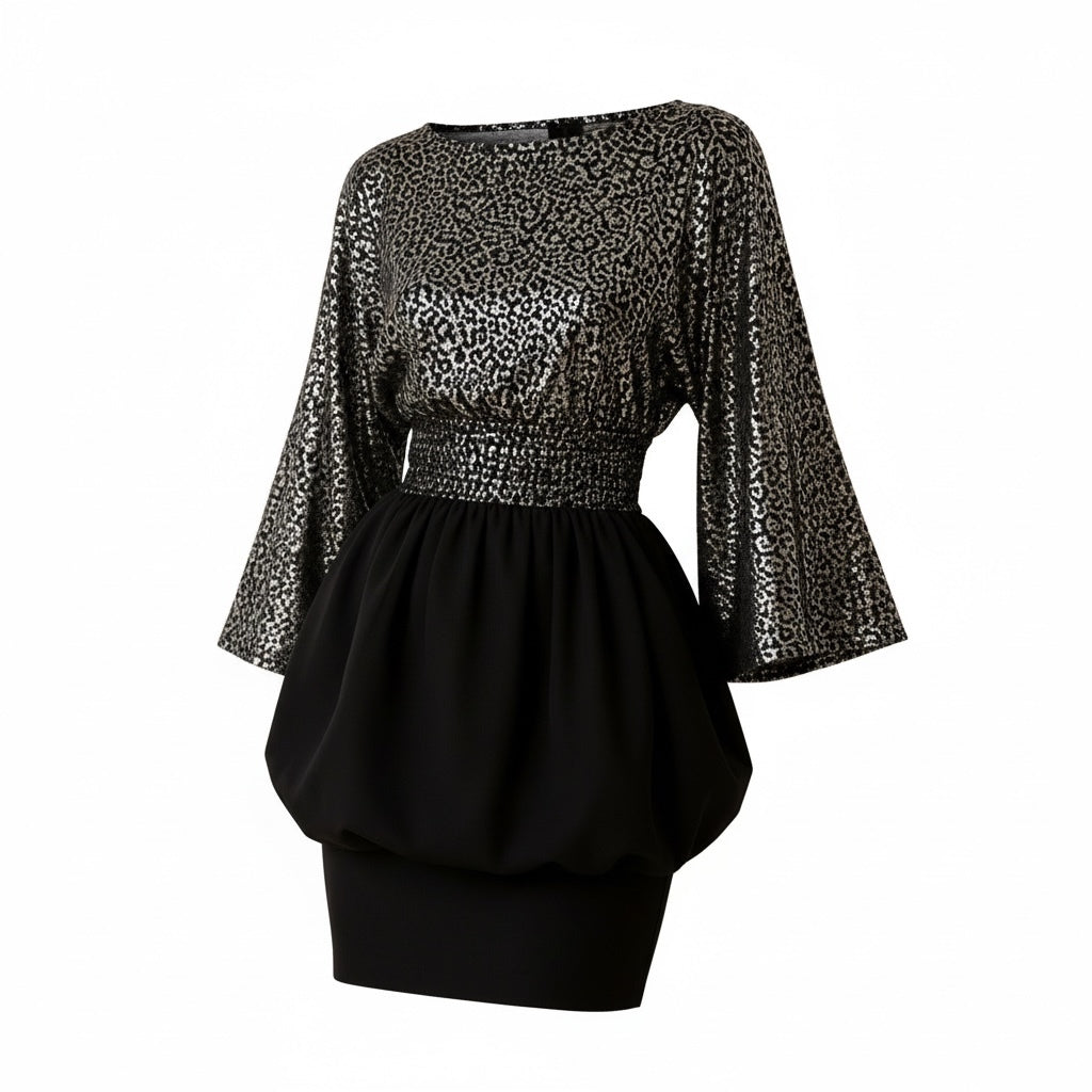 Black & Silver Leopard Sequin Peplum Mini Dress
