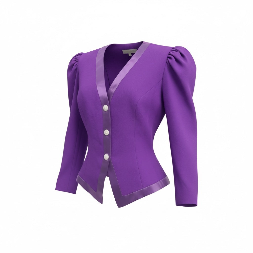 Vintage Cache Purple Satin-Trim Puff Shoulder Jacket