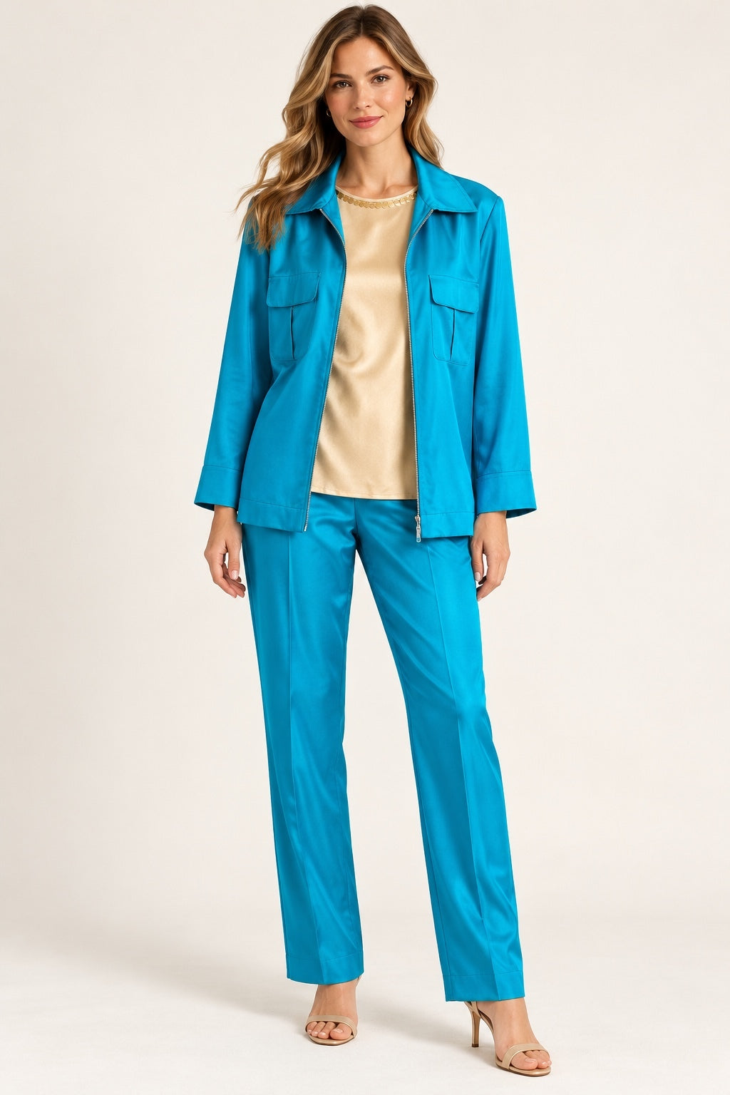 Vintage Diane Gilman Silk Three-Piece Turquoise Pant Suit Set