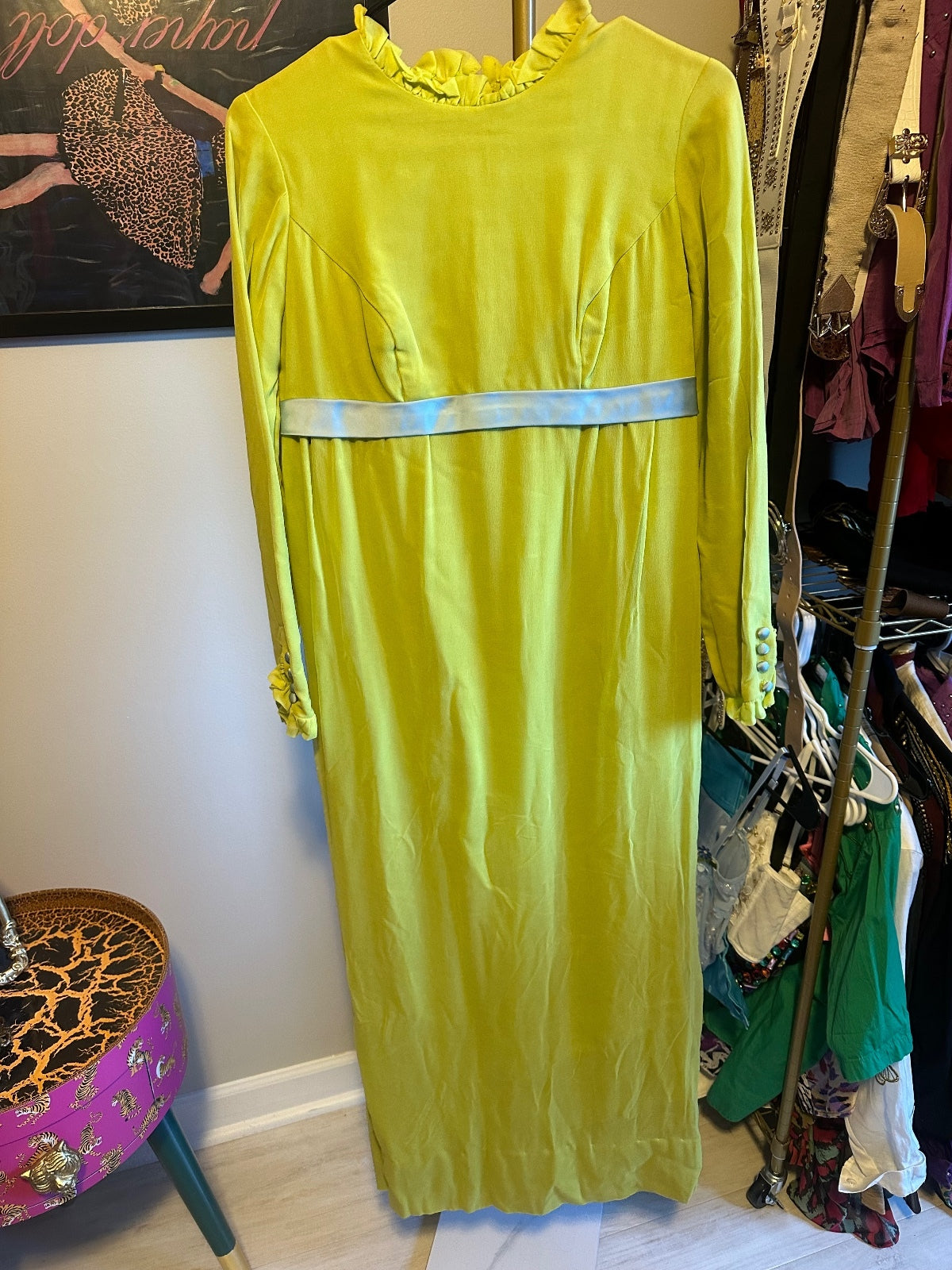 1960s Chartreuse Long Sleeve Maxi Dress