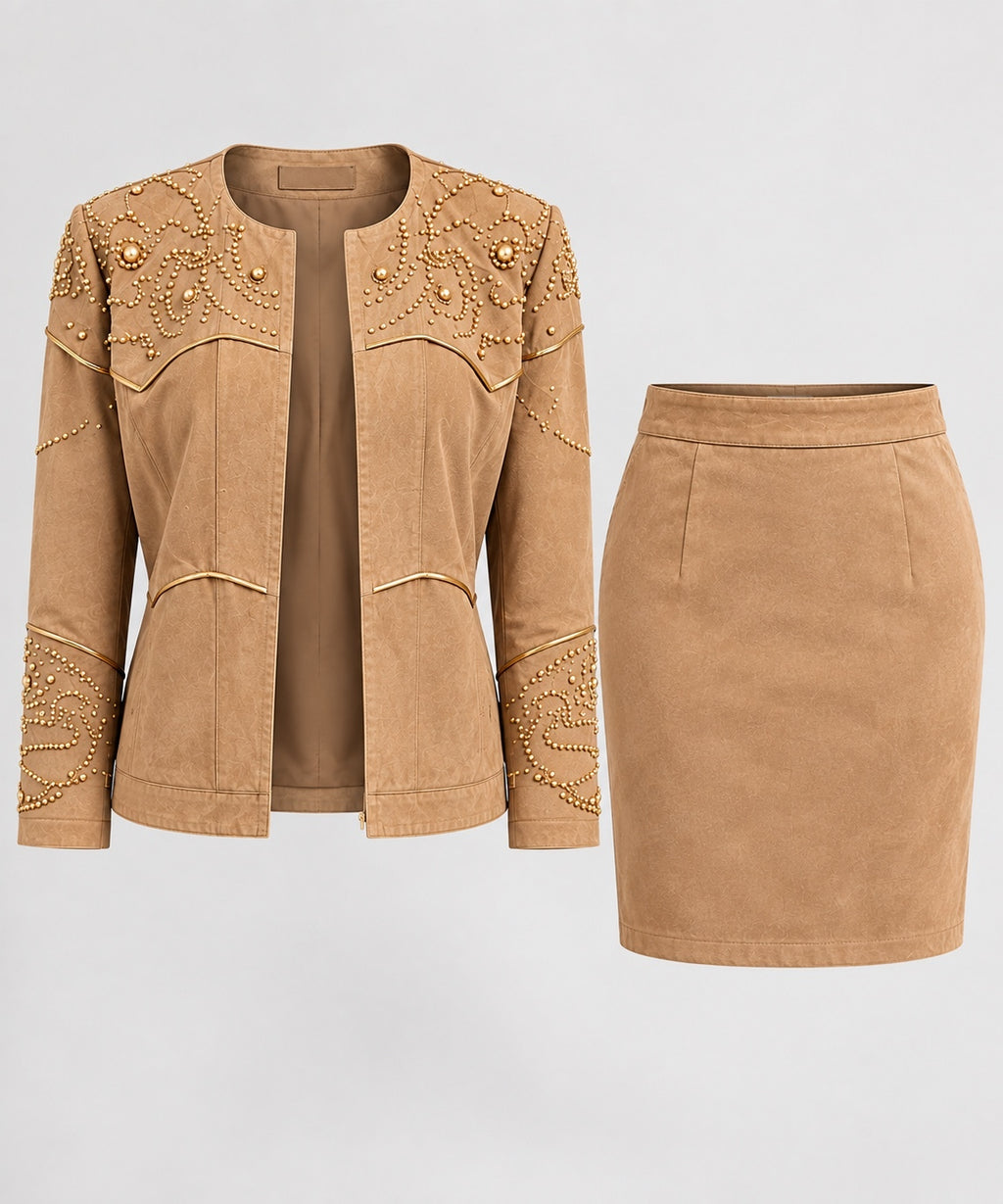 Vintage Cache Tan Suede Gold-Embellished Jacket & Skirt Set