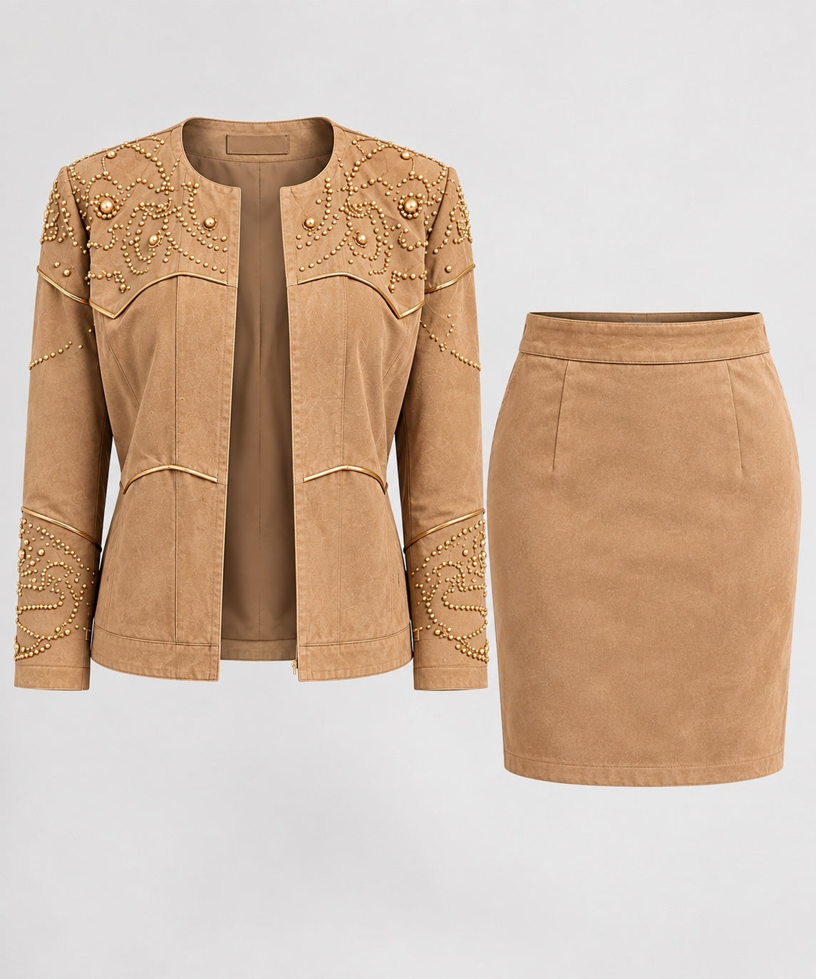Vintage Cache Tan Suede Gold-Embellished Jacket & Skirt Set