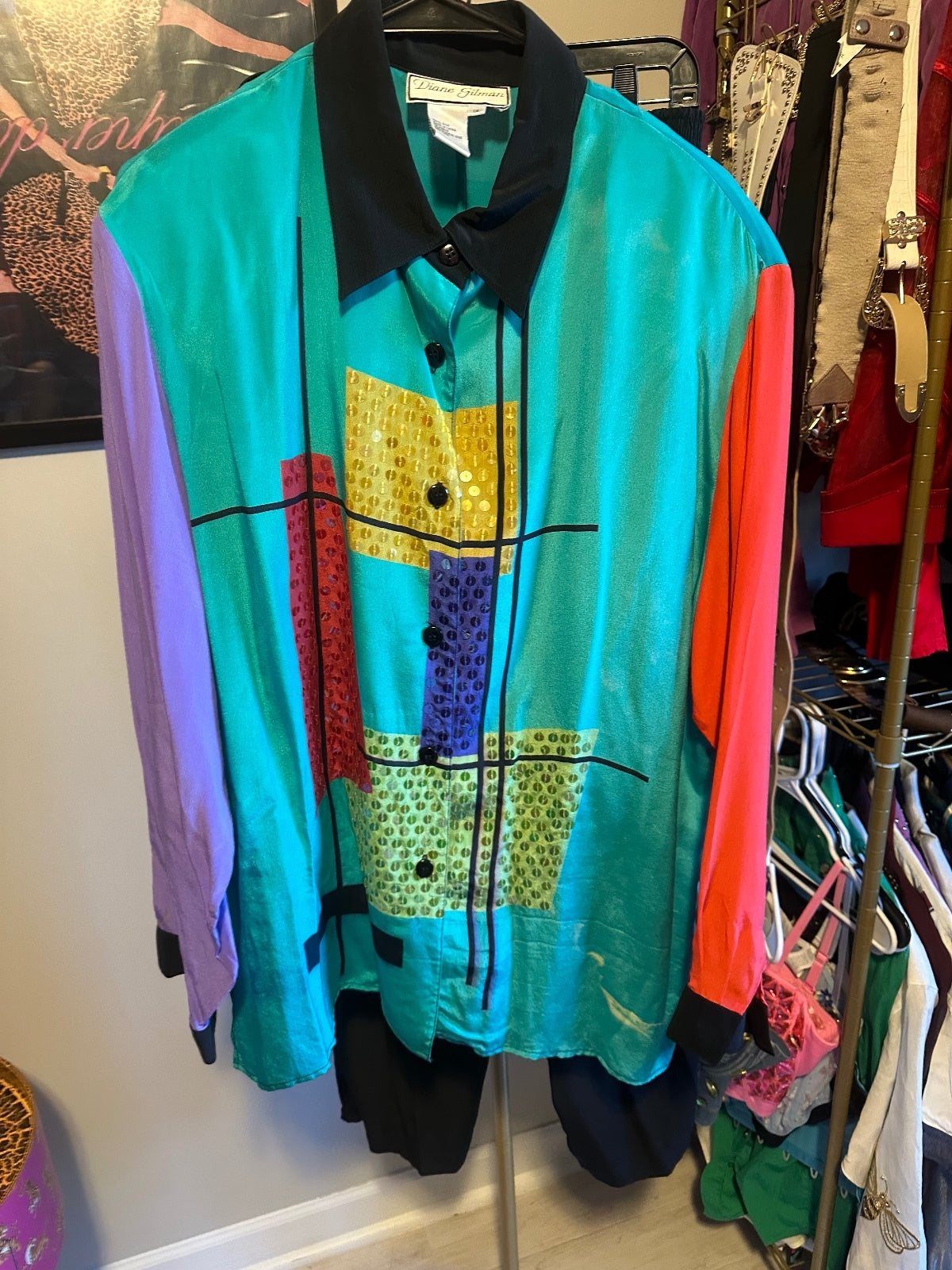 Vintage Diane Gilman 100% Silk Colorblock Top & Black Pants Set