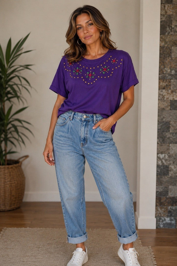 Vintage Purple Jewel Embellished Statement T-Shirt