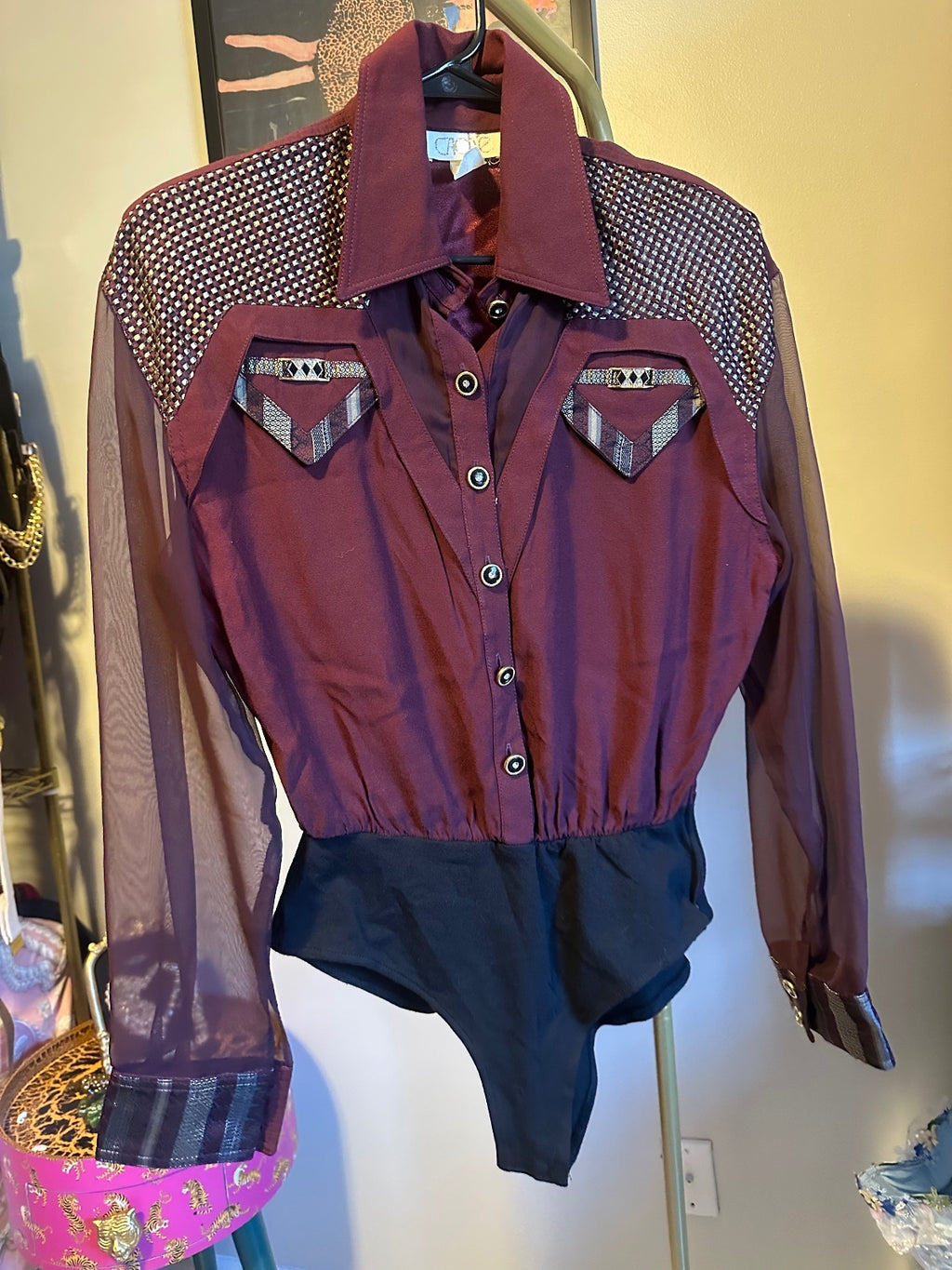 Cache Vintage Burgundy Sheer Western Bodysuit