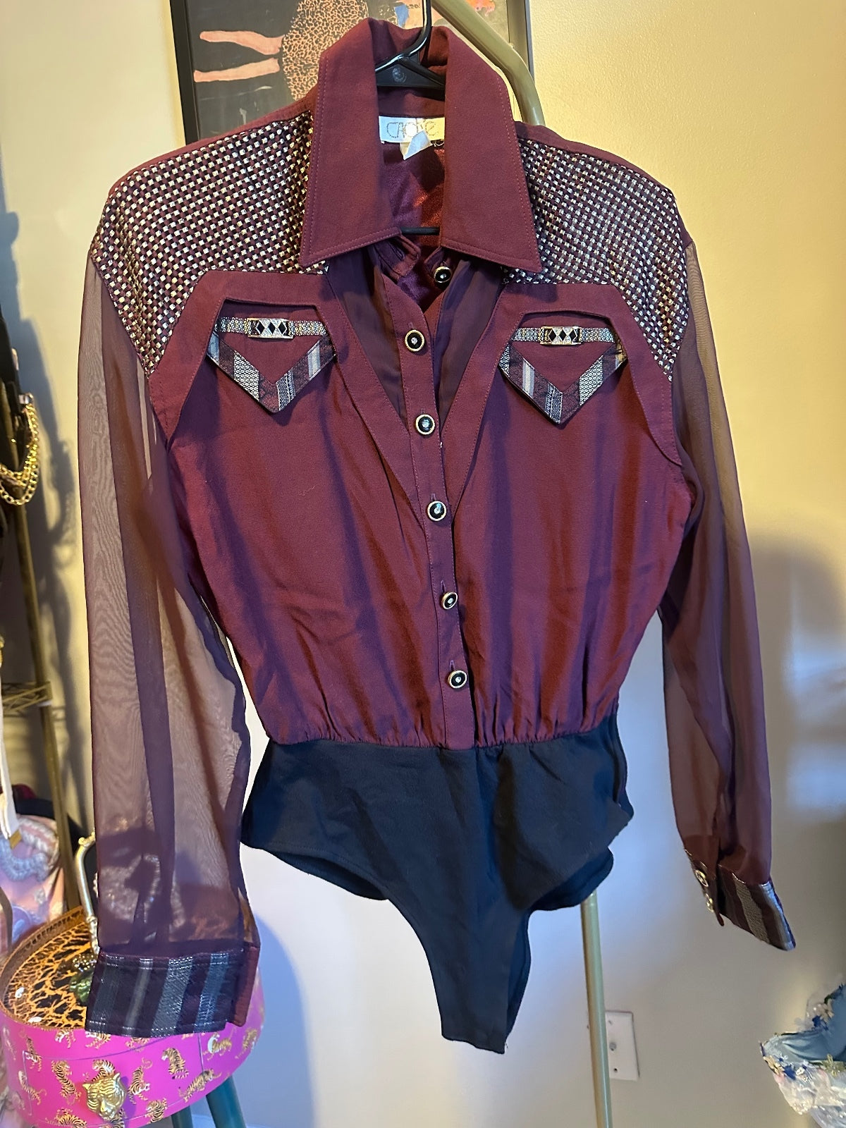 Cache Vintage Burgundy Sheer Western Bodysuit