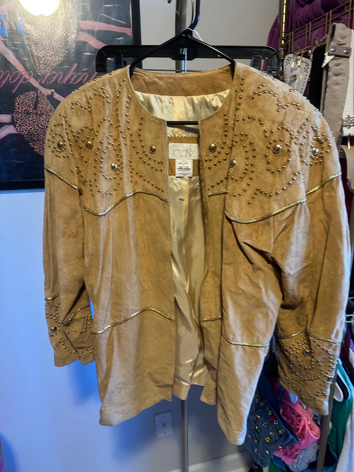 Vintage Cache Tan Suede Gold-Embellished Jacket & Skirt Set
