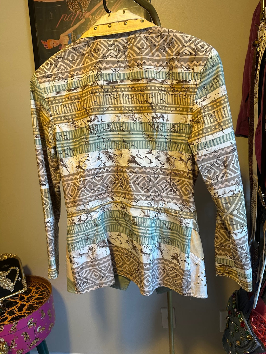 Cache Vintage Sage & Gold Embellished Moto Jacket