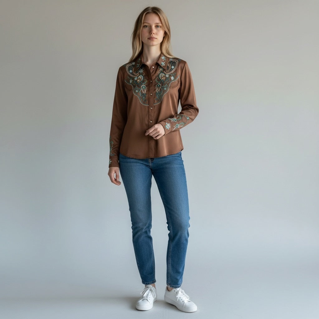 Vintage Brown Embellished Western Paisley Blouse