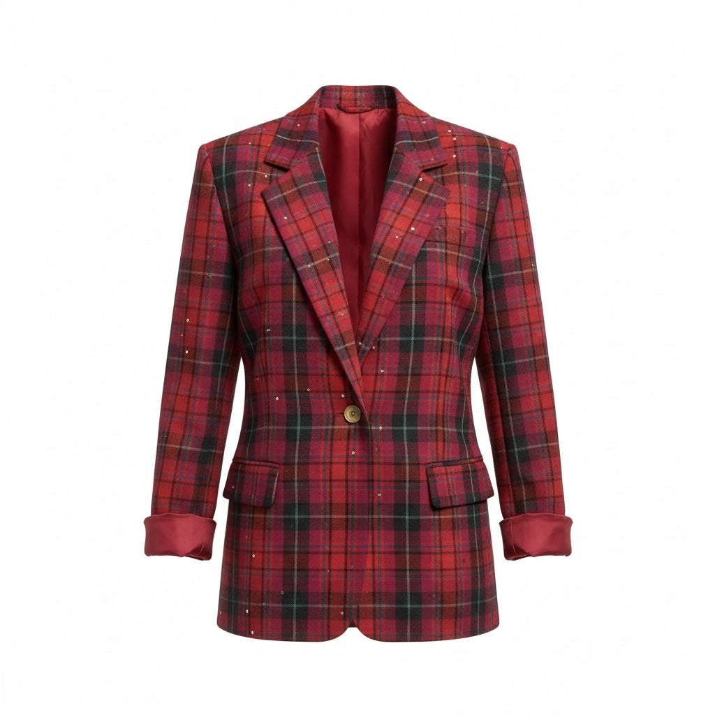 Criscione Red Tartan Plaid Rhinestone Statement Blazer