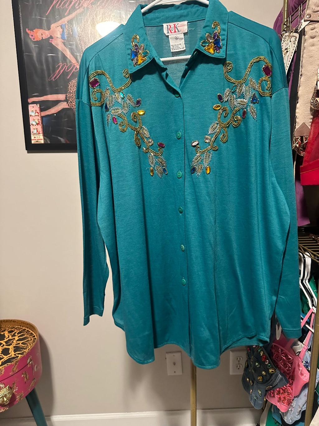 Vintage Teal Embellished Button-Front Tunic Shirt