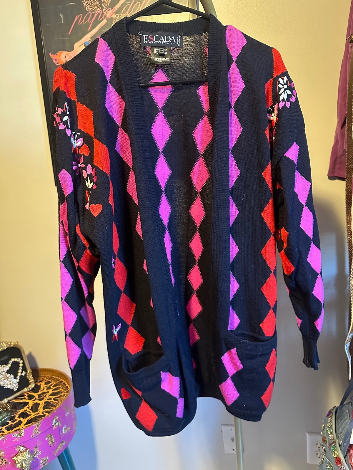 Vintage Escada Black, Pink & Red Argyle Cardigan 38
