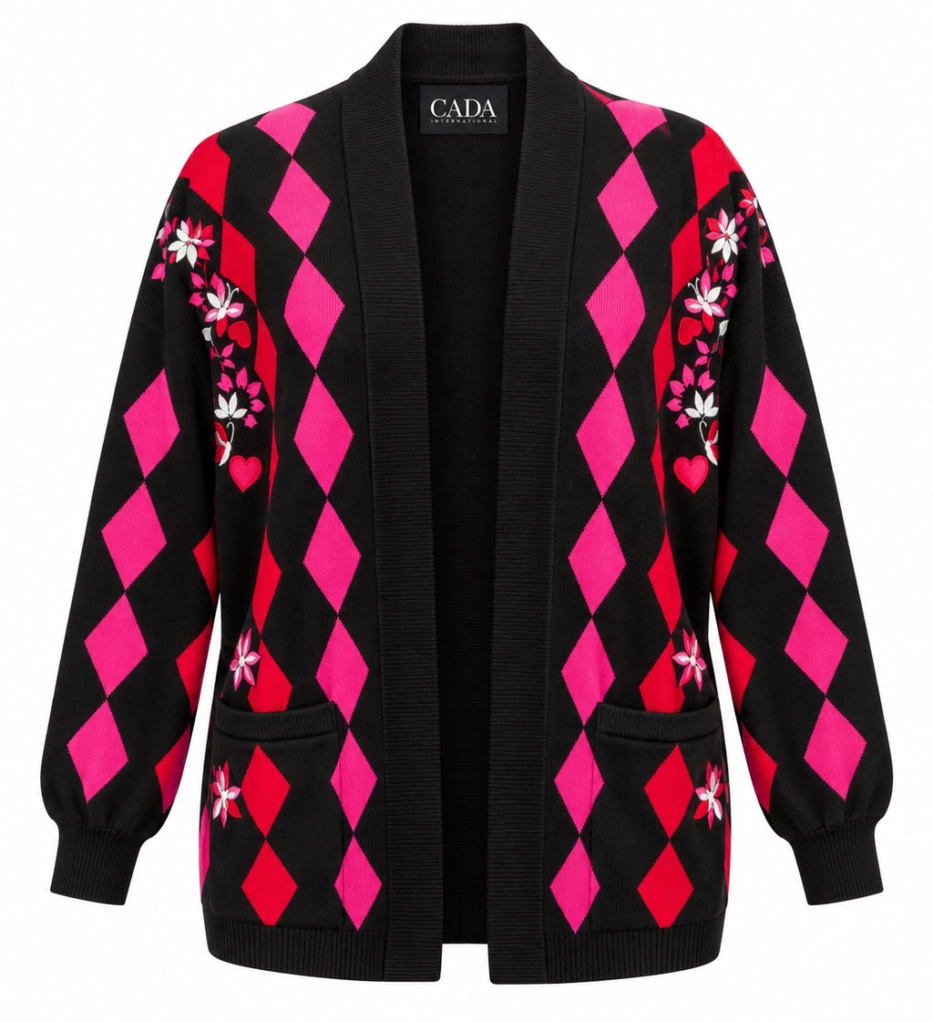 Vintage Escada Black, Pink & Red Argyle Cardigan 38