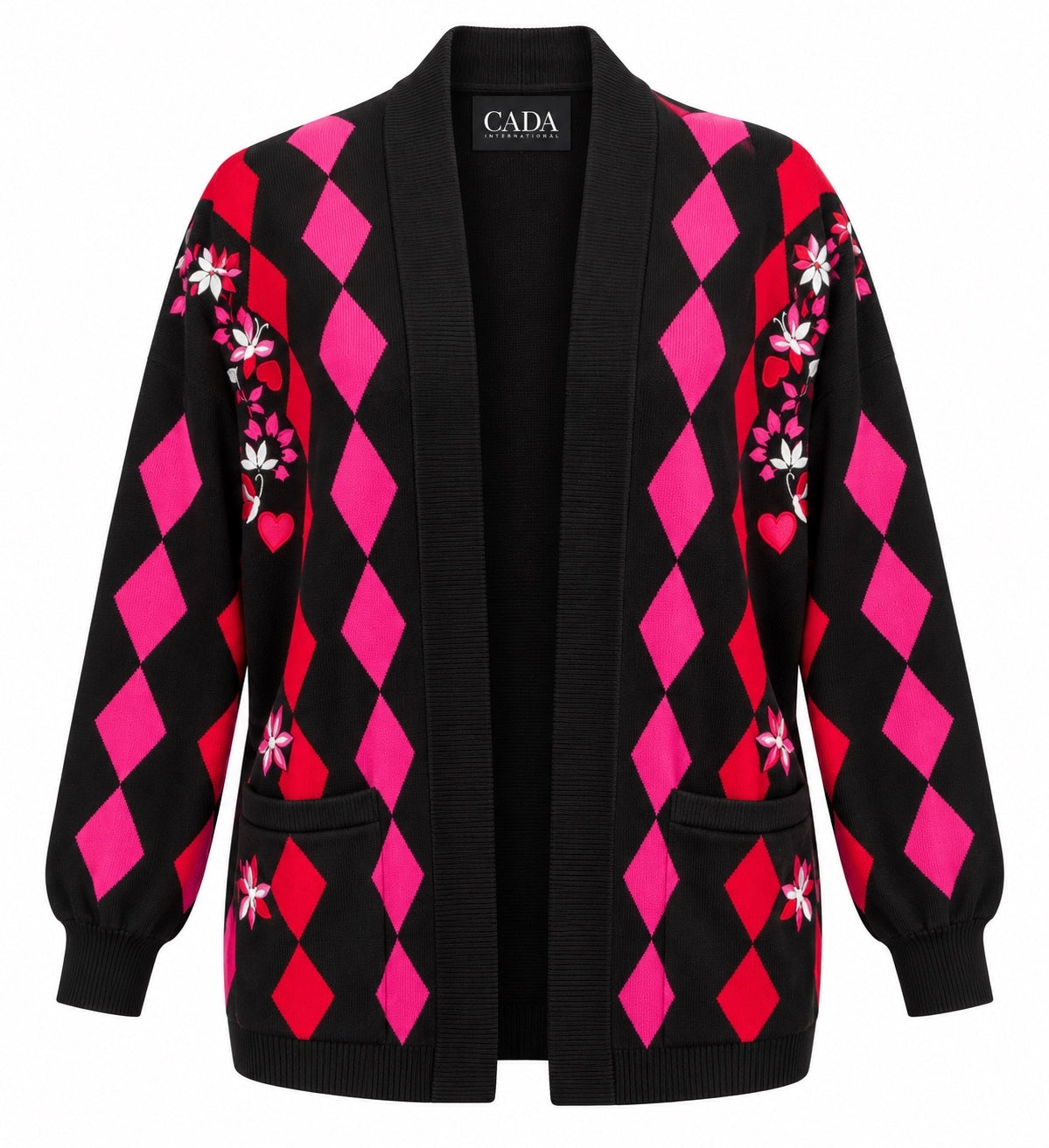Vintage Escada Black, Pink & Red Argyle Cardigan 38