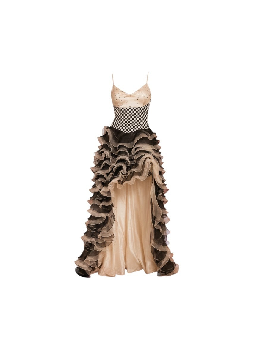 Vintage White & Black Ruffled Evening Gown