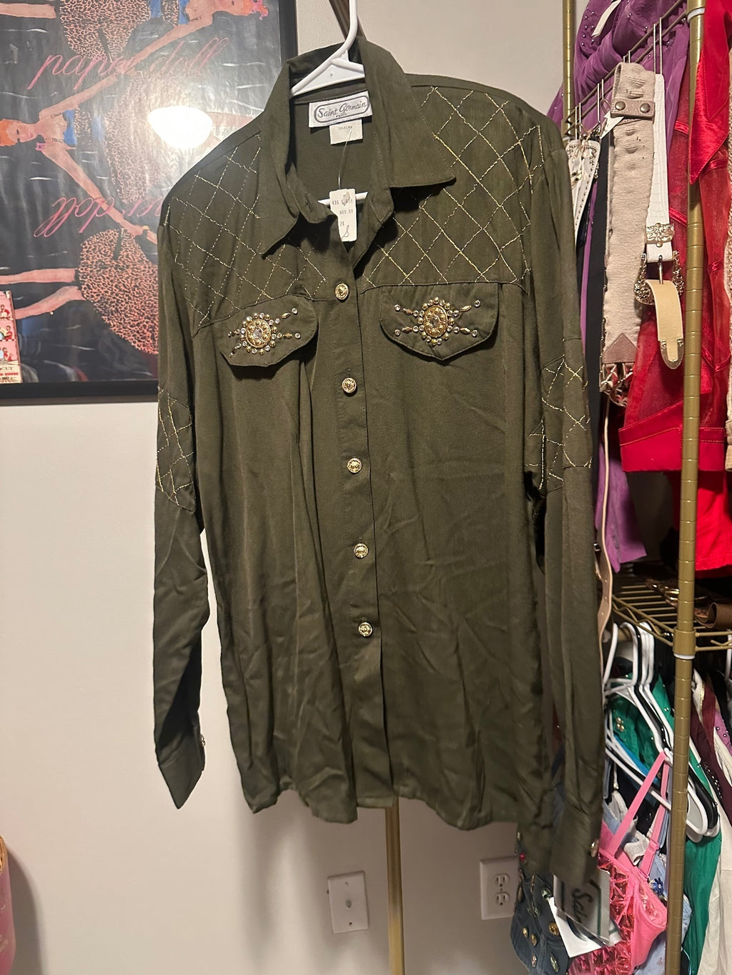 Saint Germain Vintage Olive Western Rhinestone Embellished Button-Front Shirt