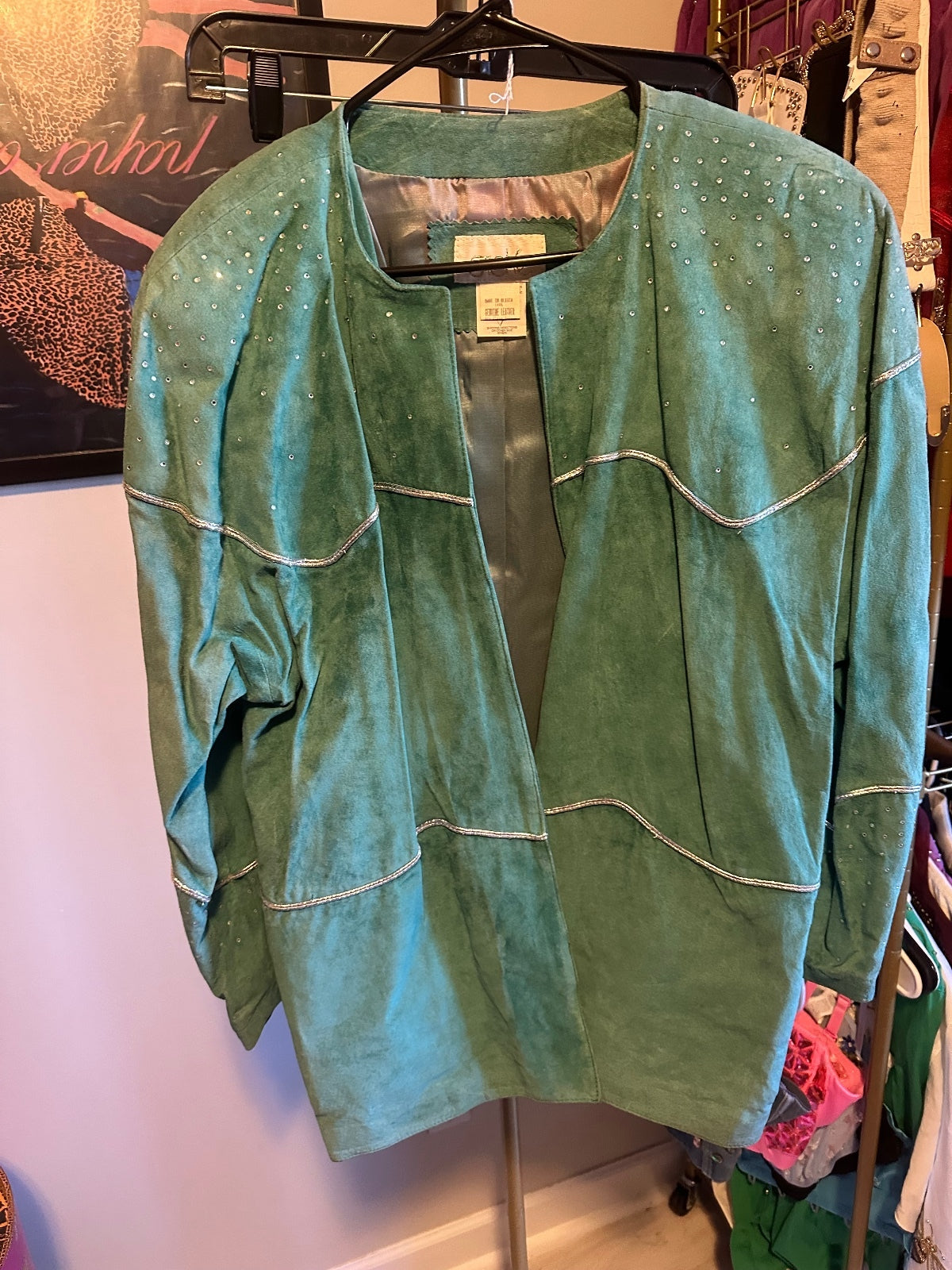 Vintage Cache Teal Suede Rhinestone-Embellished Jacket & Skirt Set
