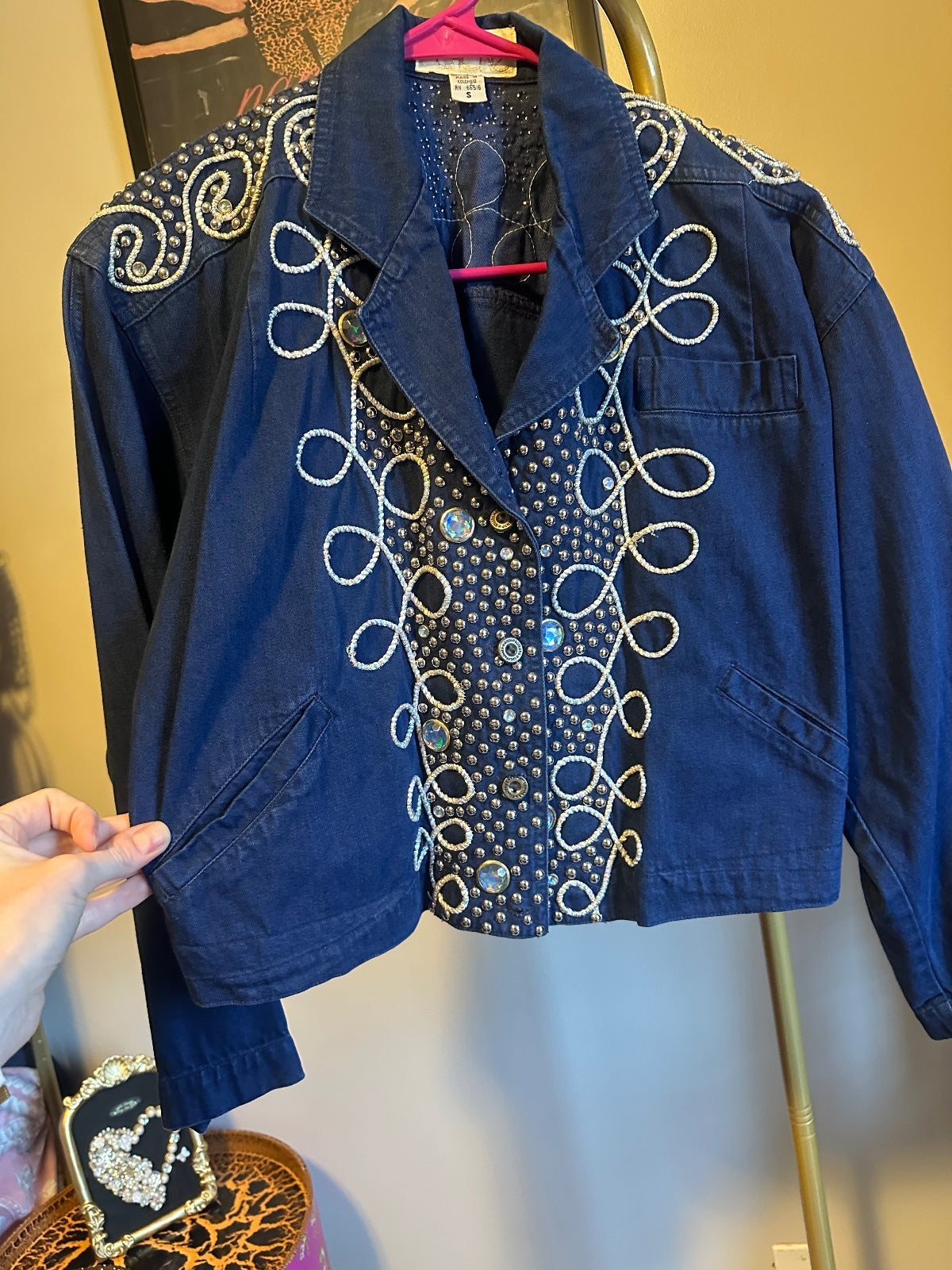 Vintage Cache Denim Rhinestone & Embroidered Cropped Jacket