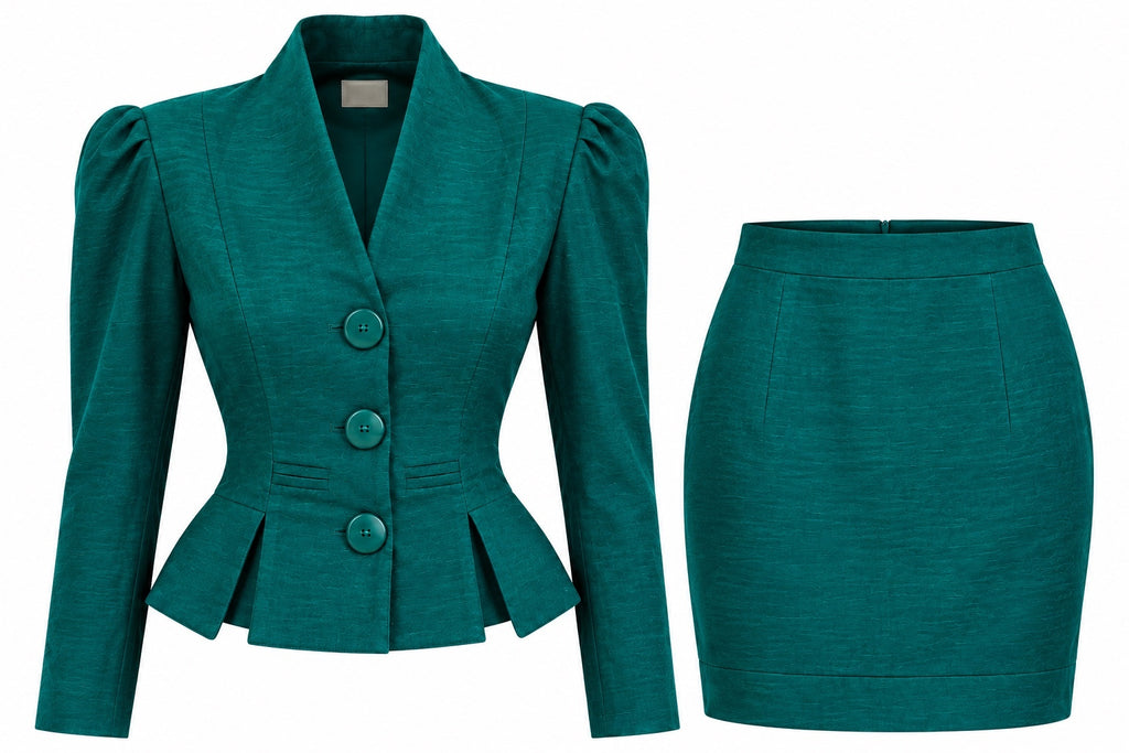 Vintage Platinum Teal Peplum Blazer & Skirt Suit
