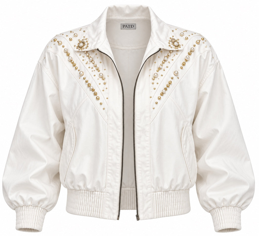 Vintage Pado White Pearl & Gold Embellished Bomber Jacket