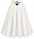 Vintage White Pleated Midi Skirt with Geometric Appliqué