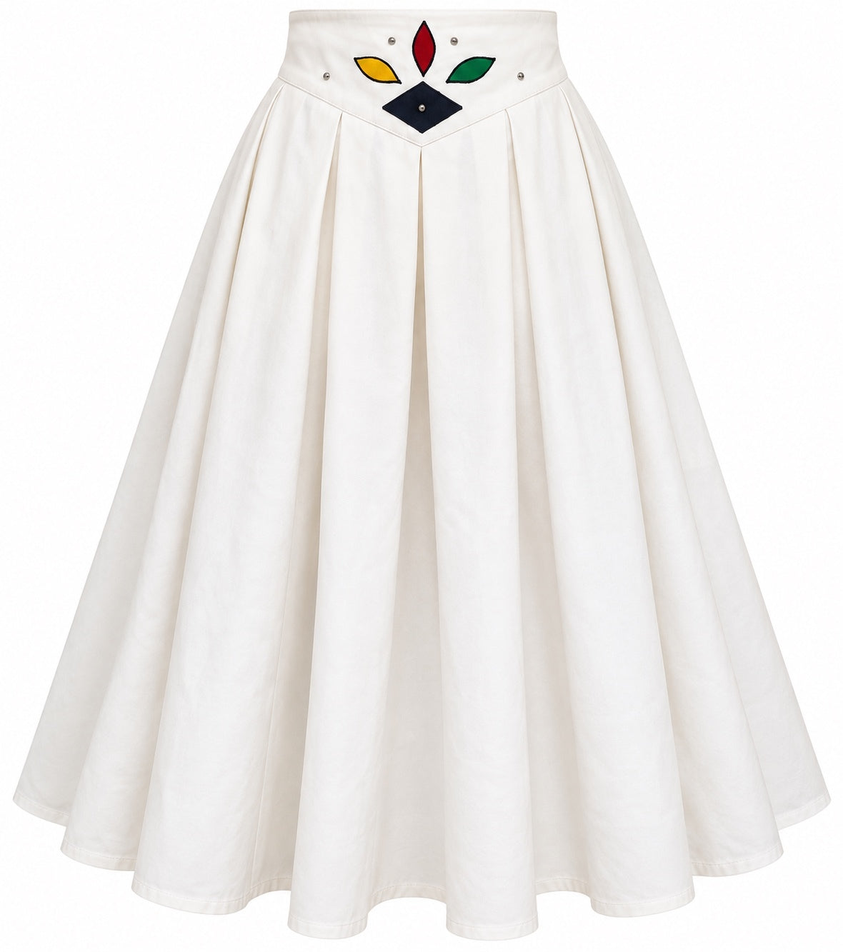 Vintage White Pleated Midi Skirt with Geometric Appliqué