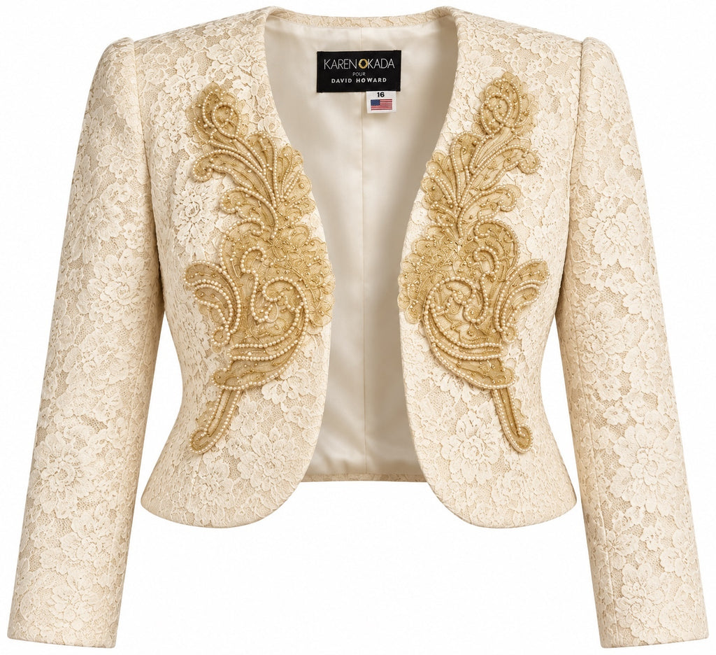 Vintage Karen Okada For David Howard Ivory Embellished Lace Bolero Jacket