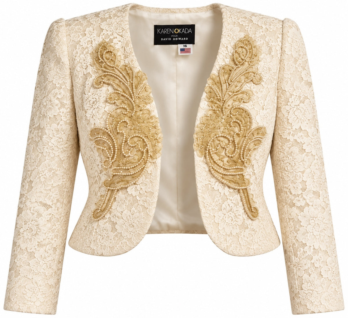 Vintage Karen Okada For David Howard Ivory Embellished Lace Bolero Jacket