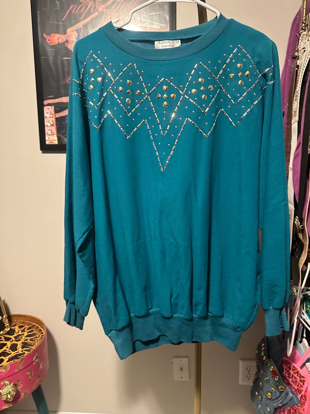 Adolfo Vintage Teal & Gold Geometric Embellished Sweatshirt