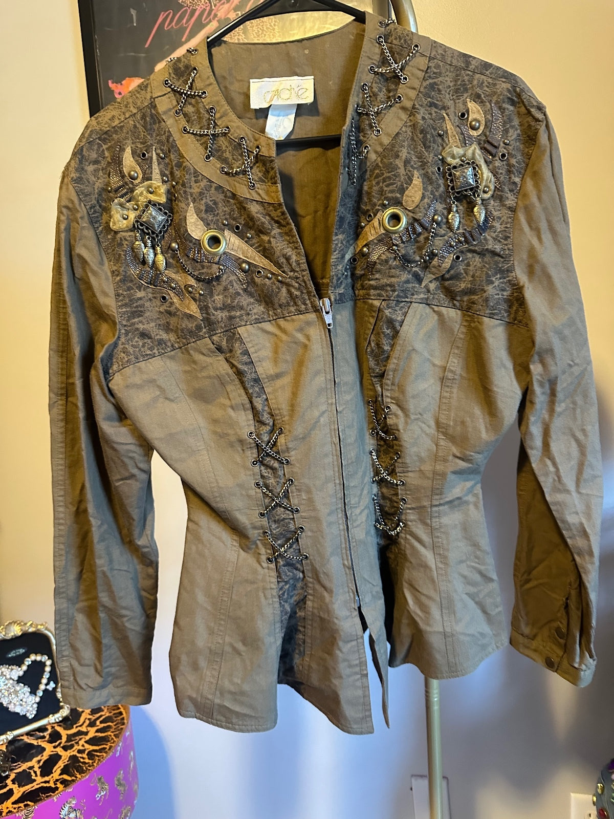 Vintage Cache Brown Olive Embellished Corset-Style Jacket